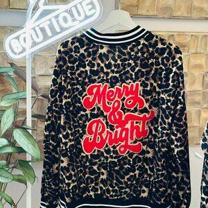 Merry & Bright Animal Leopard Print Bomber Jacket Sequins Chenille Glitter